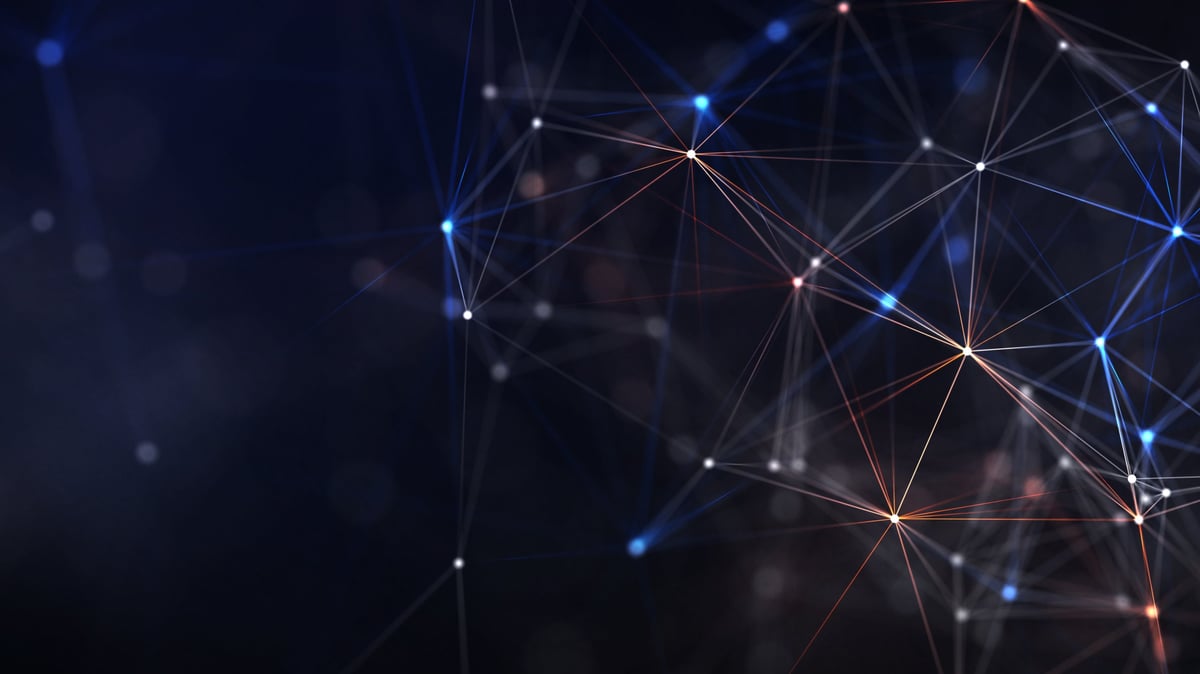 Abstract digital network with glowing nodes and lines representing AI search visibility infrastructure — entity connections, structured content, and schema layers that make a business findable in ChatGPT, Google AI Overviews, Gemini, and Perplexity