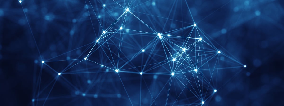 Abstract digital network with glowing nodes representing the expanded role of content across search, AI, sales, and follow-up channels in the Content360 framework